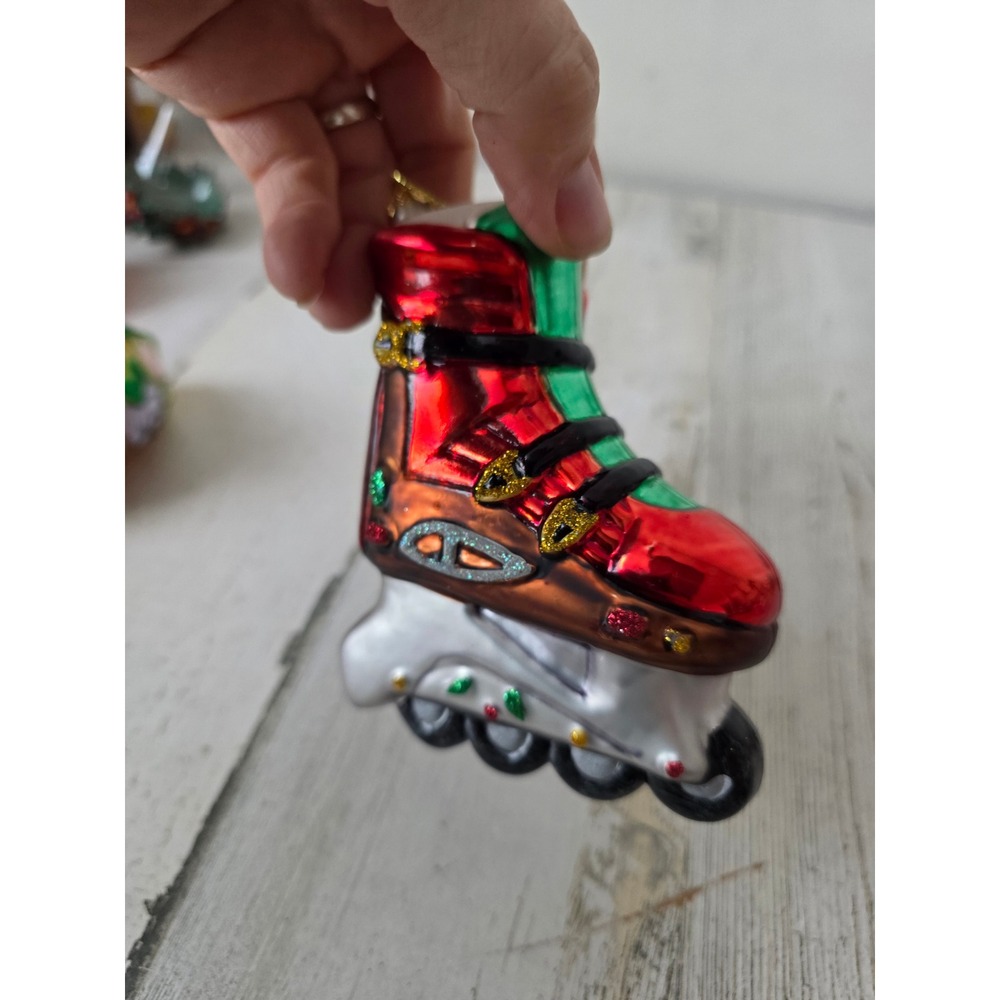 Vintage‎ roller blade glass skating ornament glitter Xmas tree red green